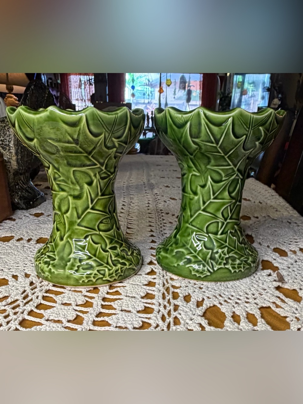 VTG Rubens Originals Ceramic Holly Candlestick Holders Pair 2TX-2445